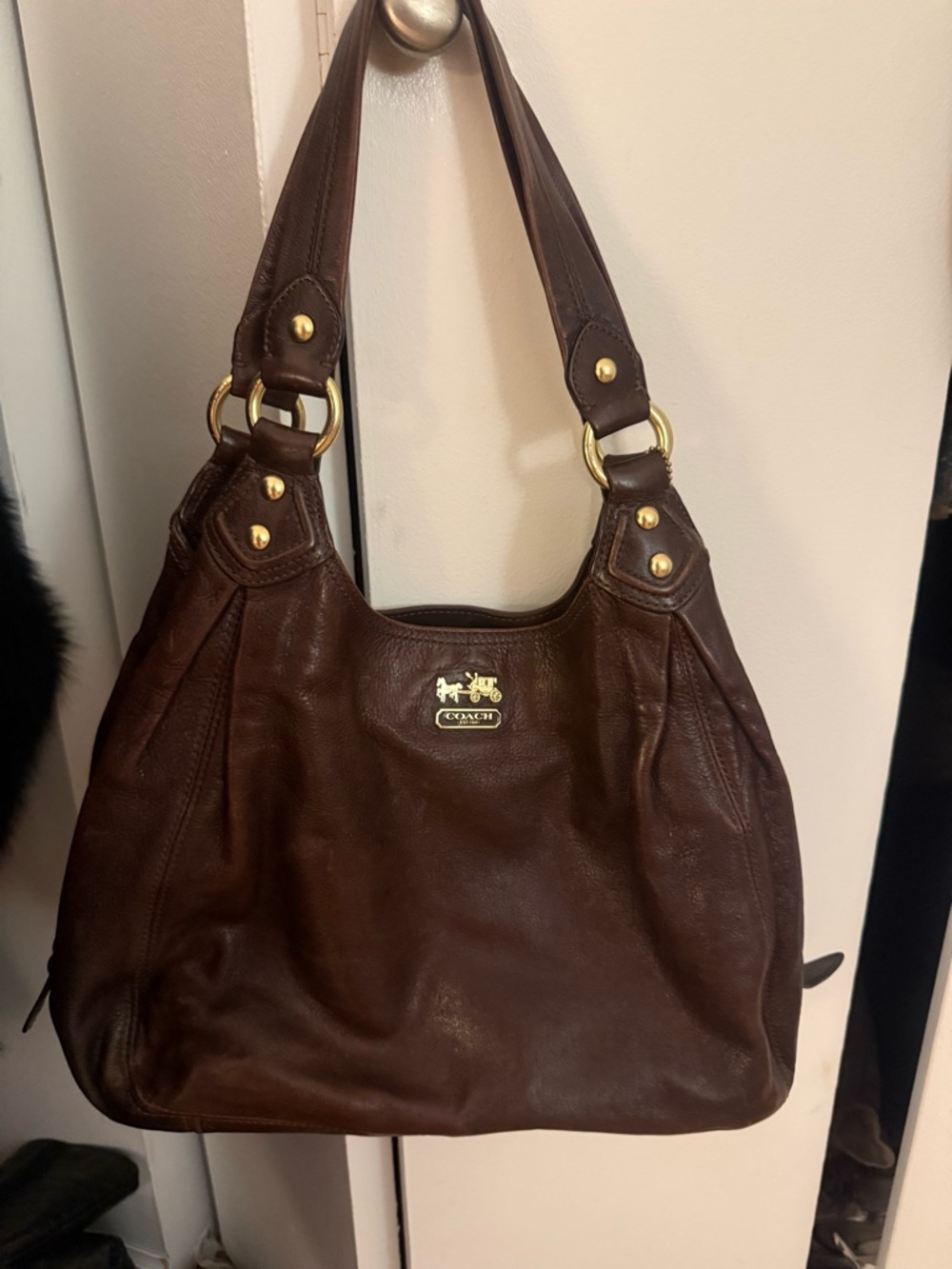 Coach Dark Brown Leather Shoulder Bag with Gold Accents